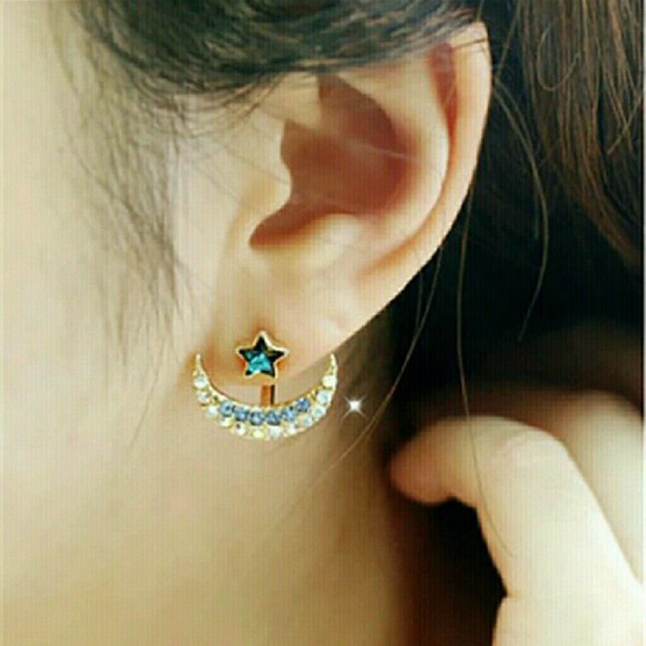 Jacket Earrings Blue Moon, Star Rhinestone Gold - Picture 3 of 3